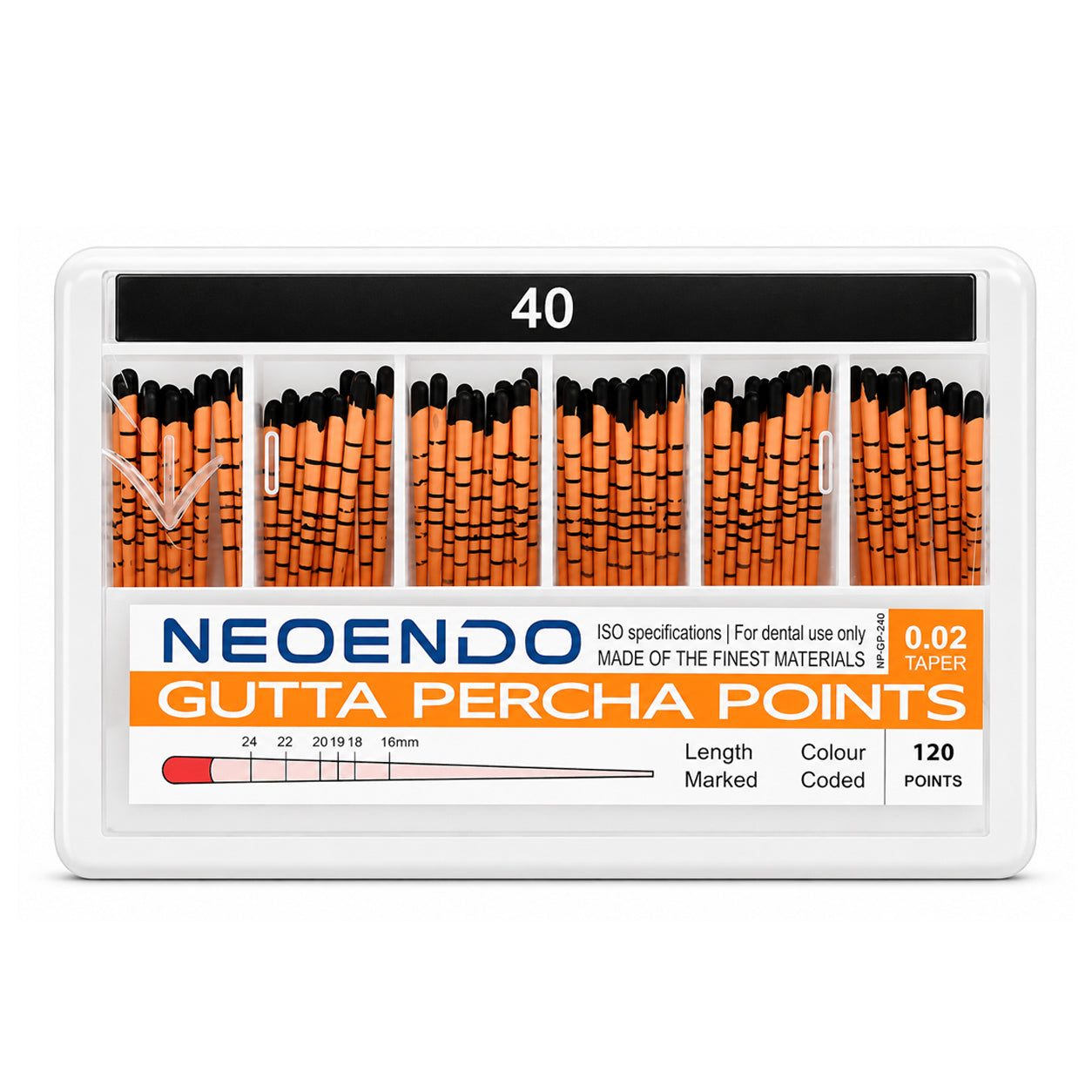 : Neoendo Gutta Percha Points 0.02 Taper – Size 40, 120 Points 2%